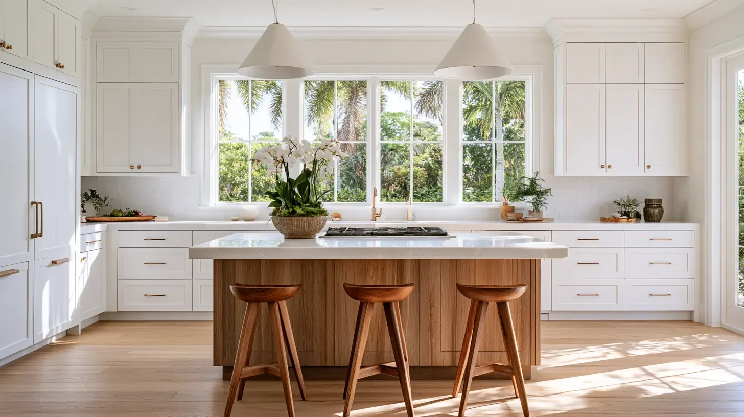 Bright newly renovated Southwest Florida kitchen with clean modern finishes in warm daylight, editorial interior photography, no people
