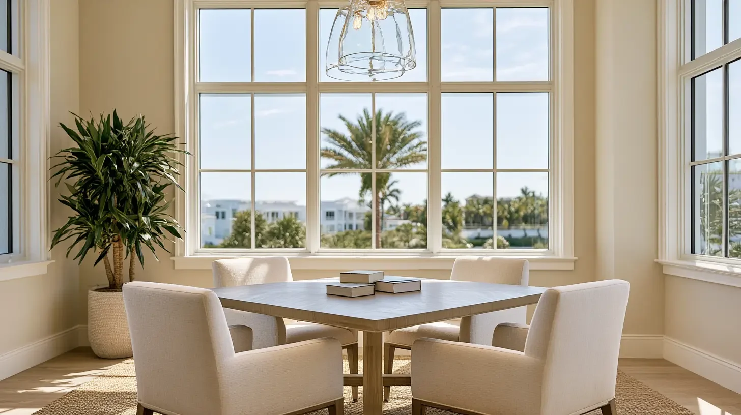 Bright elegant Naples law office conference room in warm natural daylight, editorial interior photography