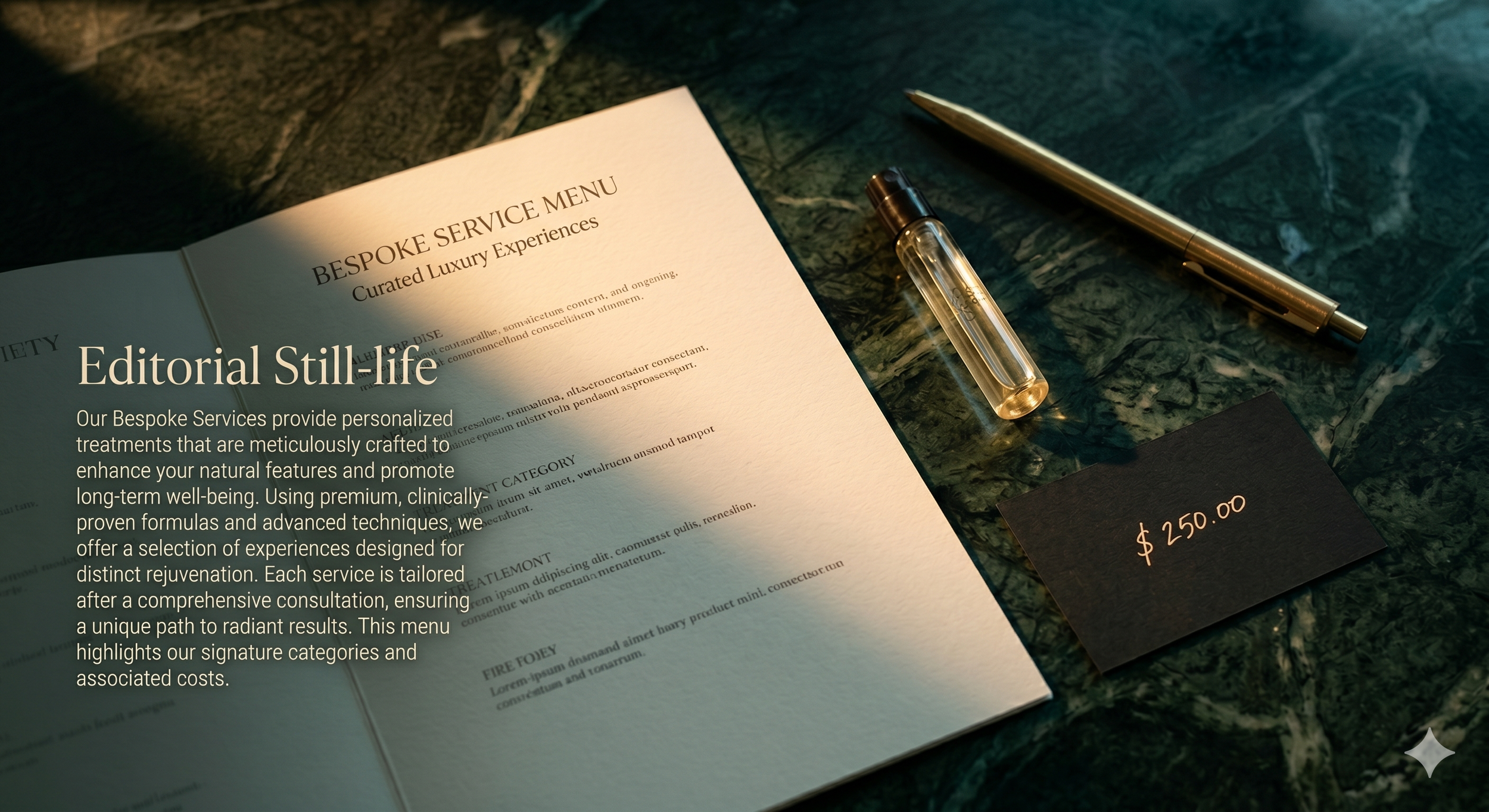 Luxury medspa treatment menu and gold pen on a dark green marble surface, warm amber editorial lighting, premium aesthetic clinic styling