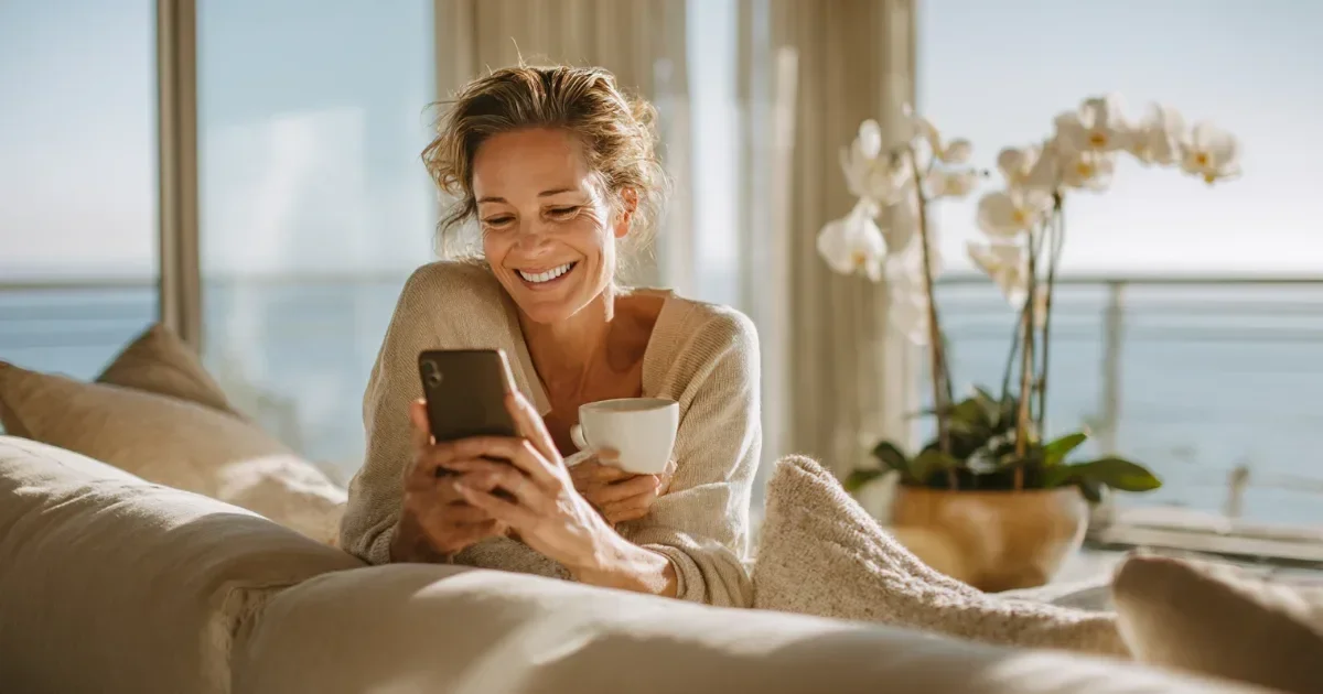 ChatGPT ads for local service businesses: a smiling woman in a cream sweater holds her smartphone and a coffee cup on a sofa in a sunlit living room with white orchids and an ocean view.