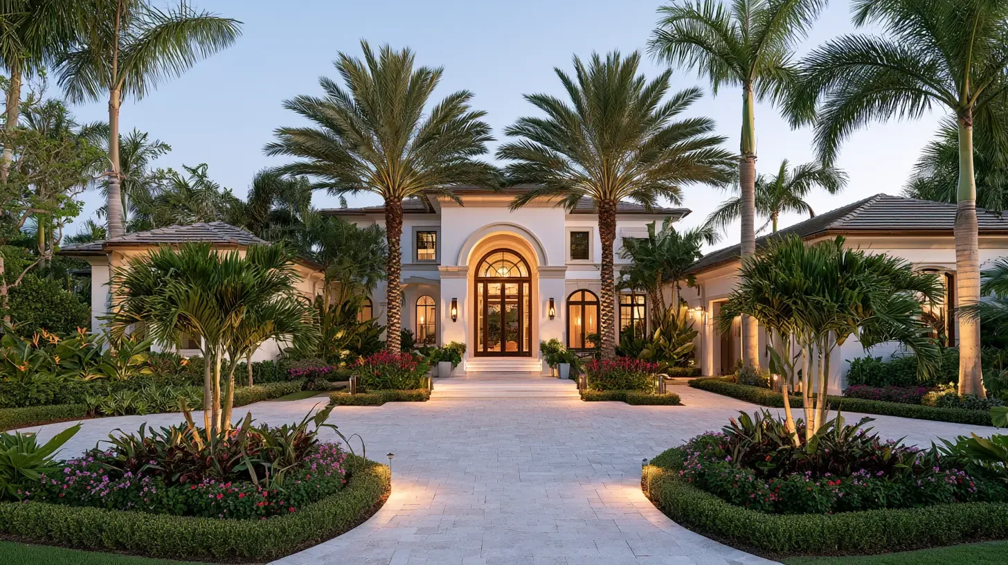Bright, beautifully designed Naples estate landscape with layered planting and hardscape in warm daylight, editorial architectural photography