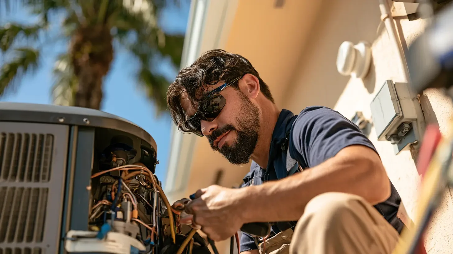 HVAC technician installing an air conditioning system at a bright Miami home in warm daylight with palms, editorial documentary photography