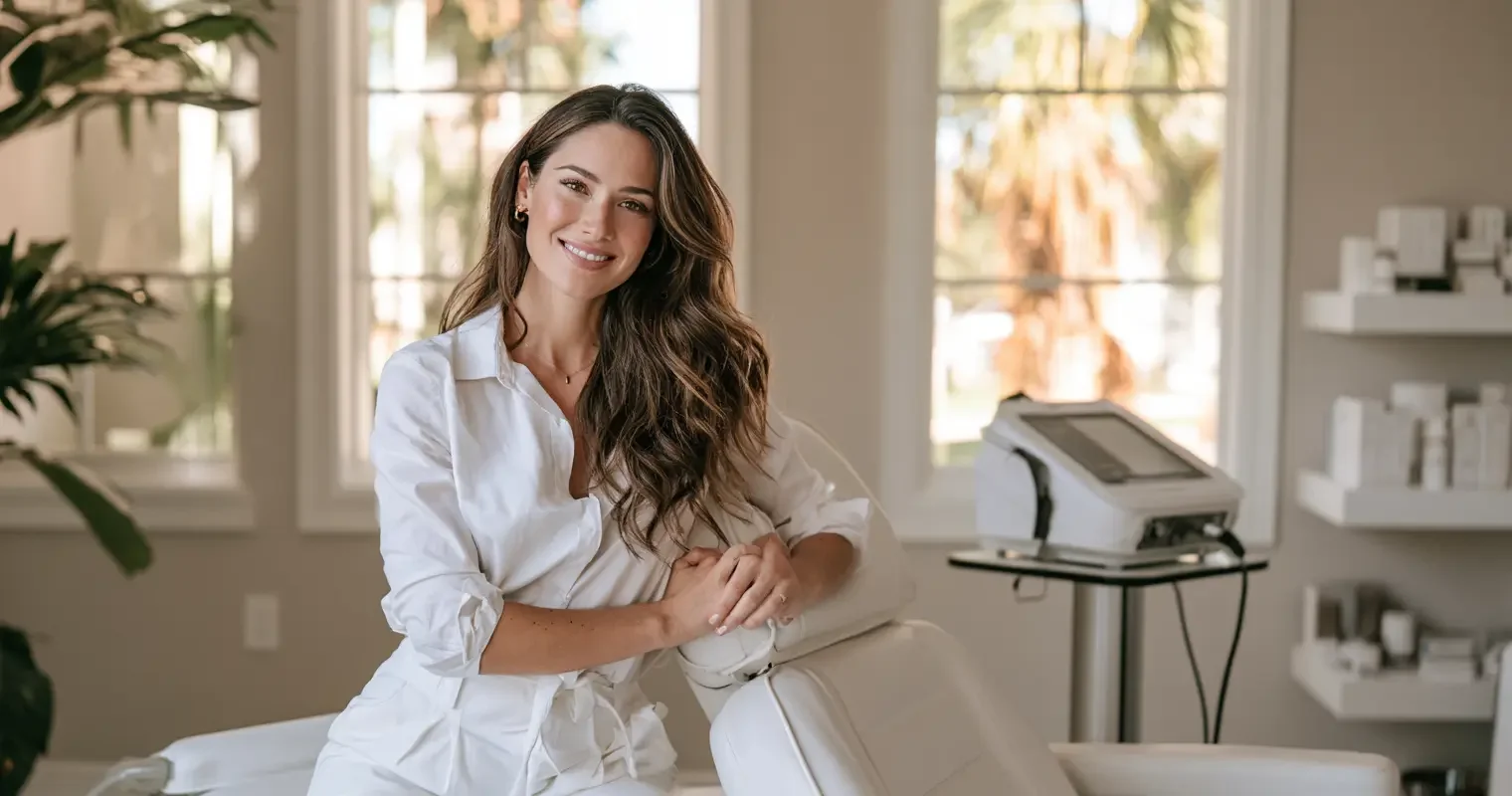 Med spa provider holding a modern aesthetic skincare device beside a treatment chair in a bright Bonita Springs med spa, editorial documentary portrait