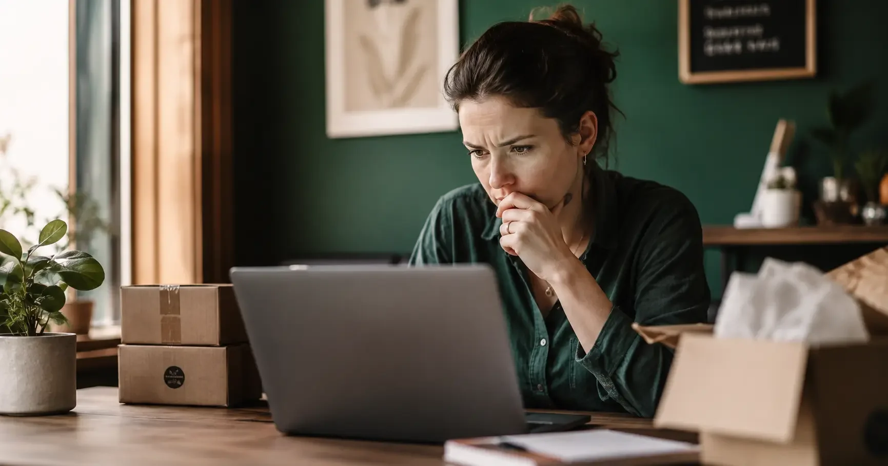 New online store owner reviewing site traffic on a laptop at a warm modern desk with dark green accents and natural light, focused editorial documentary portrait