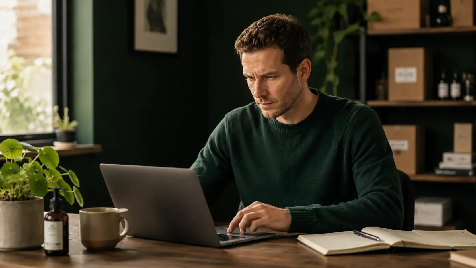 Ecommerce operator reviewing checkout and order data on a laptop at a warm modern desk with dark green accents and natural light, focused editorial documentary portrait