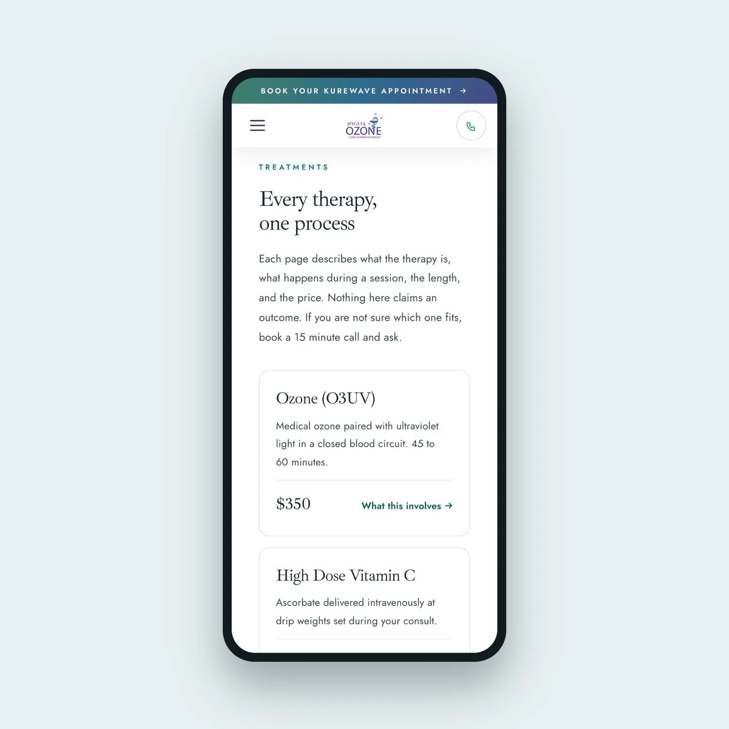 Hygeia treatments page on mobile