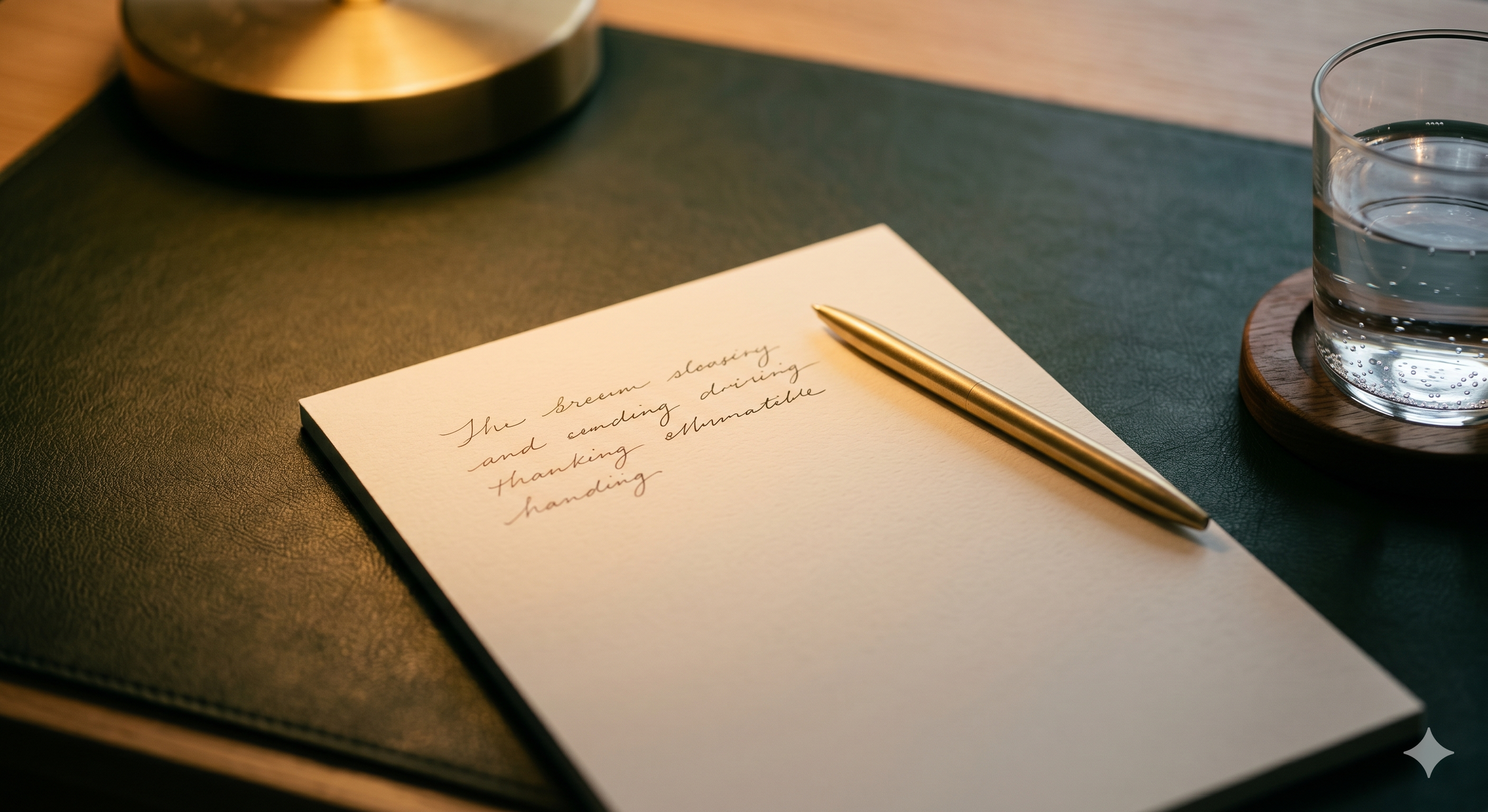 Elegant consultation preparation detail — handwritten notes on cream paper with a gold pen resting on a dark green desk, warm amber light, luxury medspa editorial styling