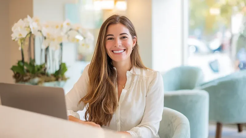 A smiling financial advisor in a cream blouse sits at a bright reception desk with a laptop angled away, white orchids and soft sage armchairs behind her.