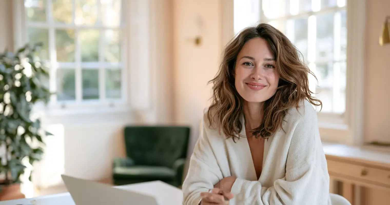 Accountant working confidently at a bright, airy modern office desk with warm daylight and a green accent, editorial documentary portrait