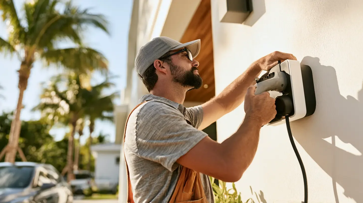 Electrician installing an EV charger on a bright Miami home exterior in warm daylight, editorial documentary photography