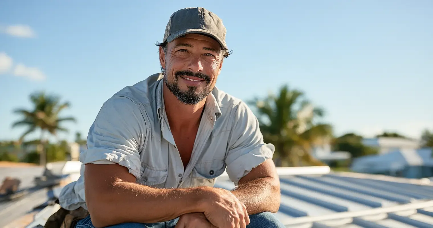 Roofing contractor reviewing a project on a bright Southwest Florida rooftop in warm daylight, editorial documentary portrait