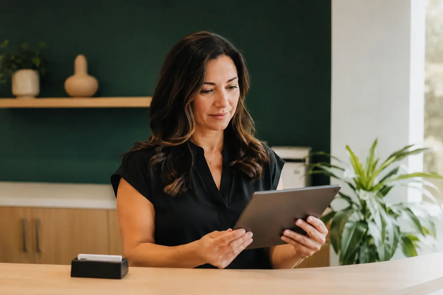 Medical practice owner reviewing the practice's online presence on a tablet at a reception desk in a warm clinic with dark green accents, focused editorial documentary portrait
