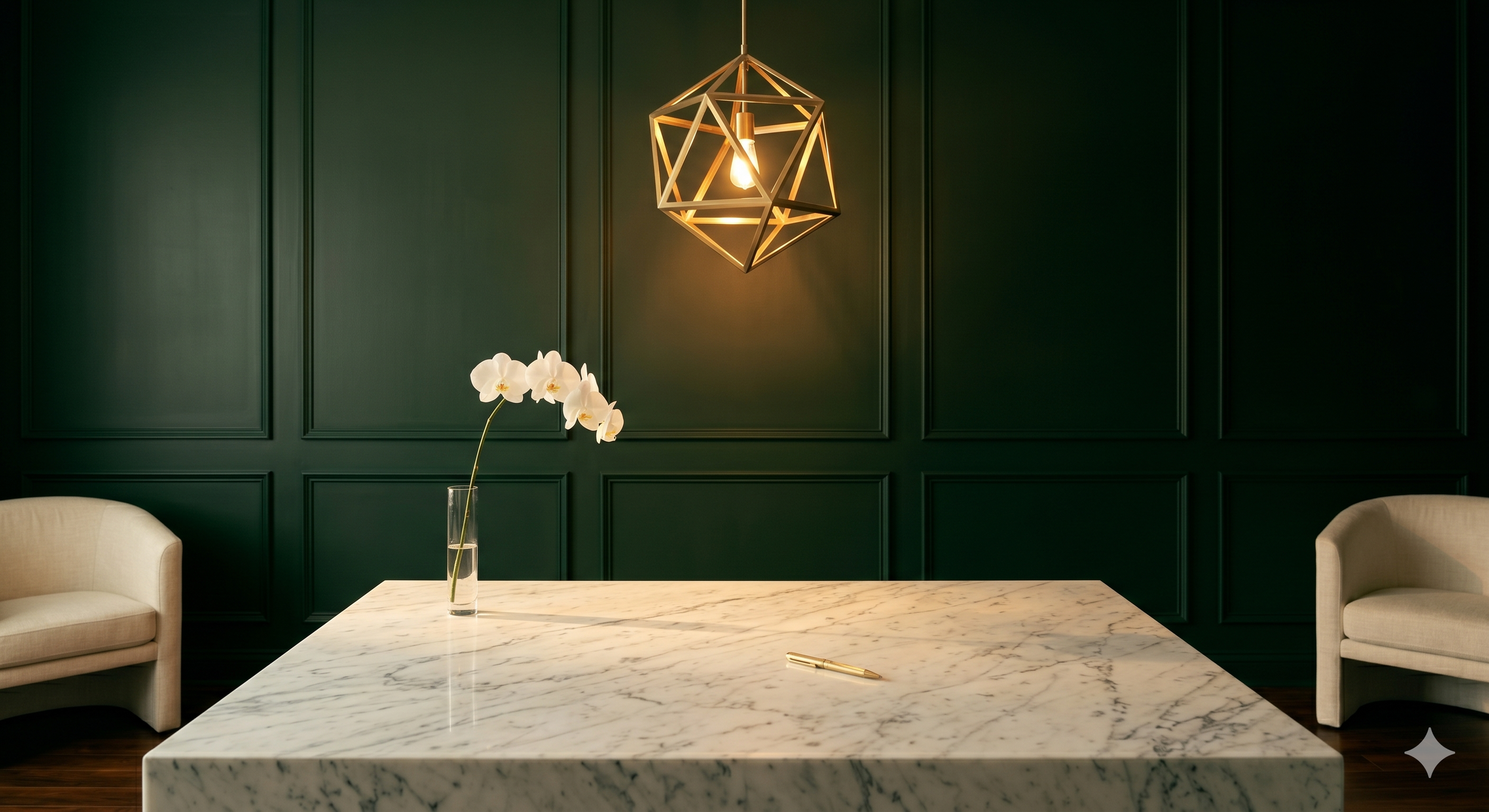 Luxury medspa consultation room interior with white marble desk, single white orchid, warm Edison pendant light and dark forest green panelled walls, editorial interior photography