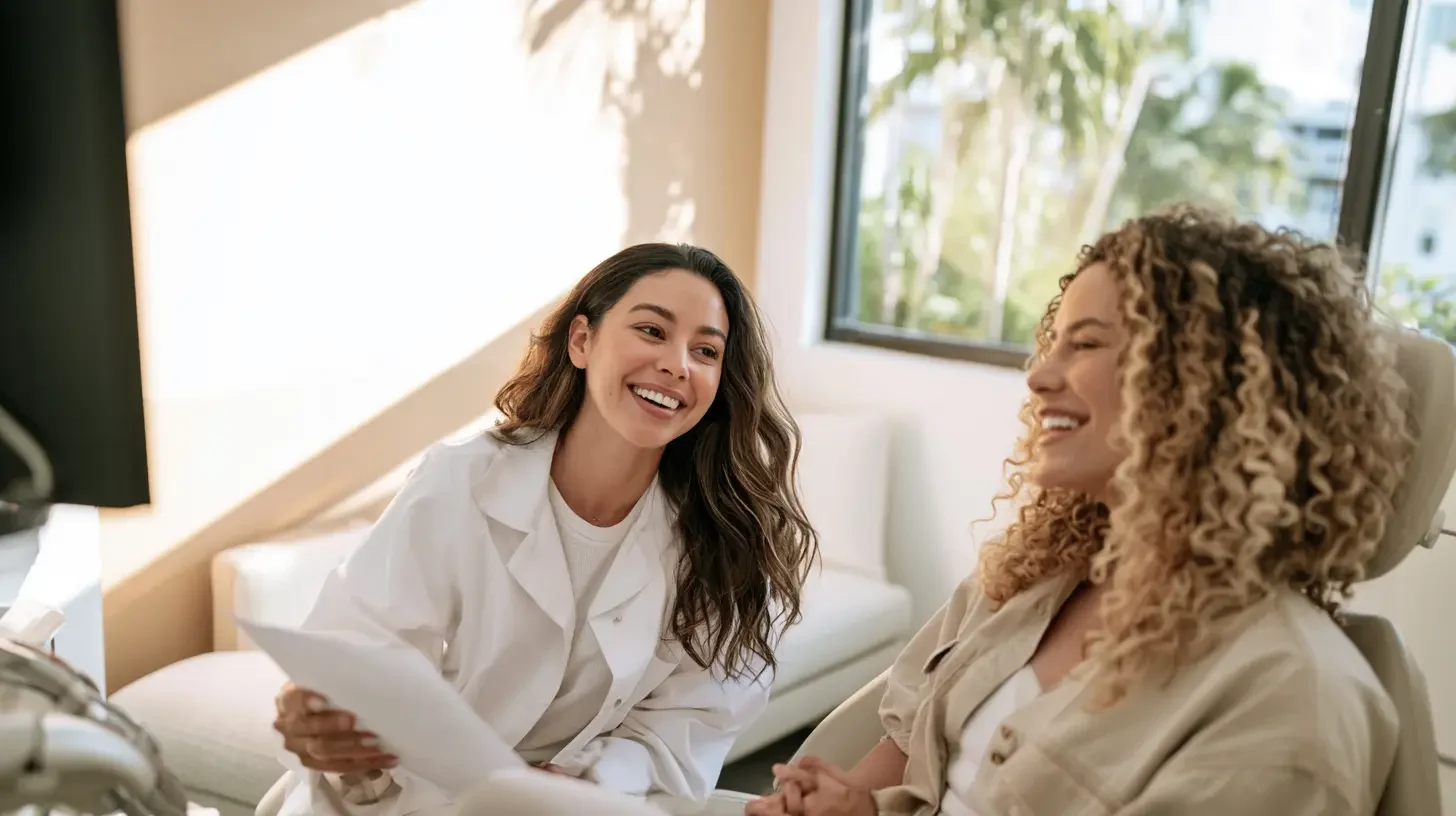 Dentist reviewing a treatment plan with a patient in a bright modern Miami consultation room in warm daylight, editorial documentary photography