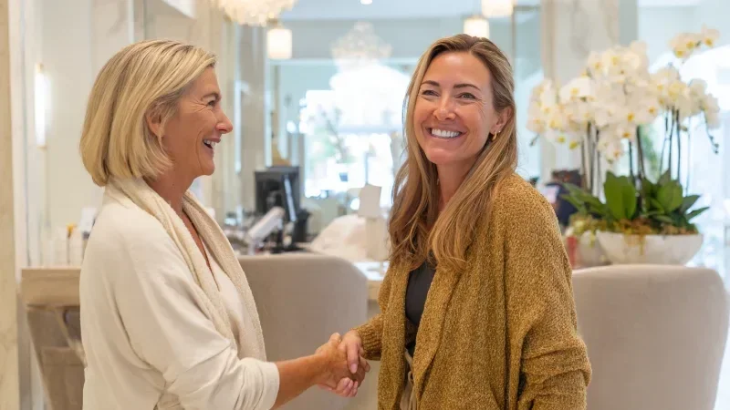 Two smiling women greet each other with a handshake in a bright luxury med spa lounge with cream chairs and white orchids, with no treatments shown.