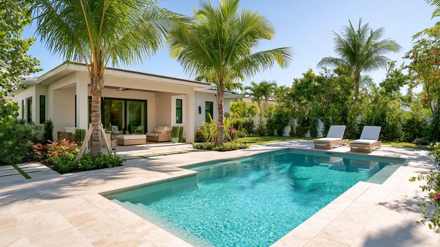Finished modern Miami backyard pool in bright daylight with palms, clean patio and warm neutral home exterior, editorial exterior photography