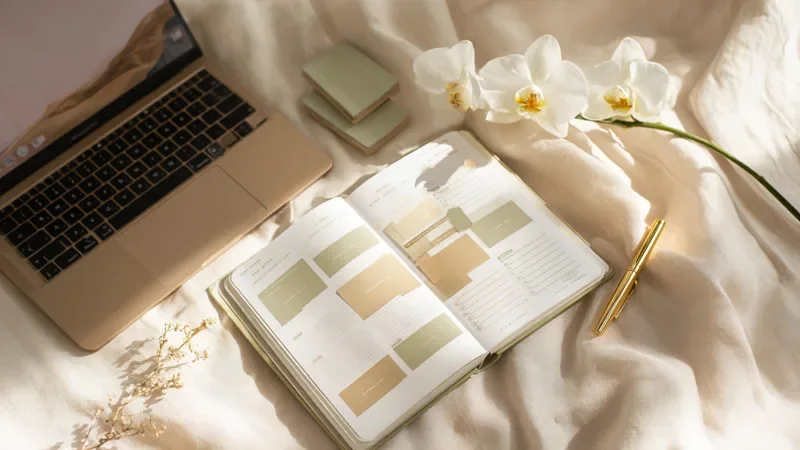 A planner with sage and cream color swatches, a laptop and a brushed gold pen on a cream linen surface with white orchids, laid out to plan a medical practice rebrand.