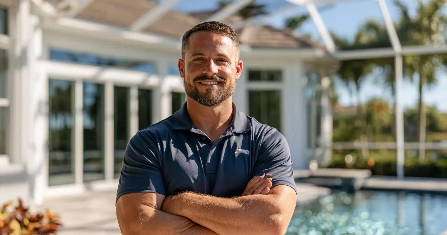 Screen enclosure installer working on a bright new pool cage at a Southwest Florida home in warm daylight, editorial documentary portrait