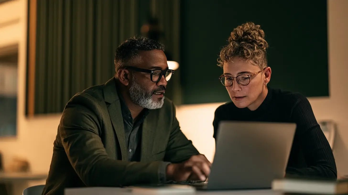 Financial advisor and marketing advisor reviewing website content and disclosures together on a laptop in a warm modern office with dark green accents, editorial documentary portrait