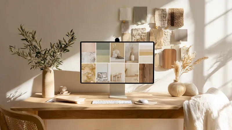 A designer's studio desk with a large monitor showing an abstract grid of interior photographs, a pinned mood board of fabric and stone samples behind it, cream and soft sage tones.