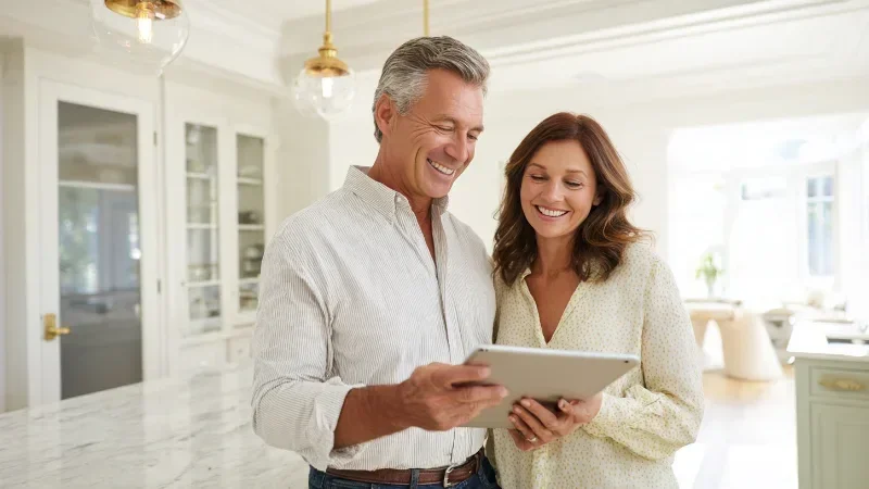 A smiling homeowner couple look over a project plan on a tablet together at a white marble kitchen island in a bright, newly renovated coastal home.