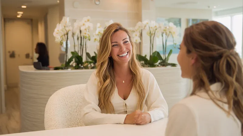 A smiling front desk coordinator welcomes a happy new patient at the bright reception of a modern dental practice with cream chairs and white orchids, no treatments shown.