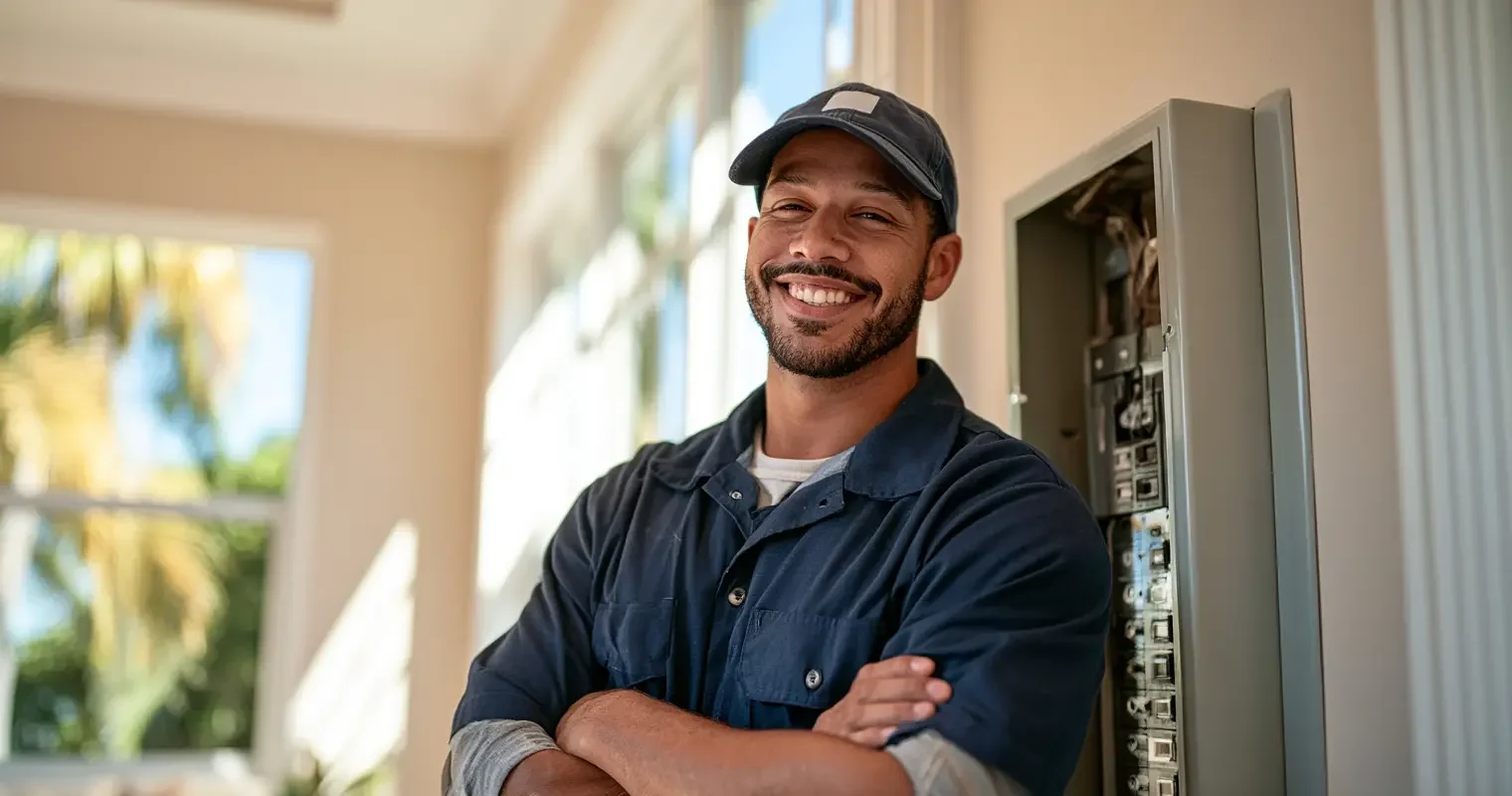 Electrician smiling confidently beside a new electrical panel in a bright Miami home with warm daylight, editorial documentary portrait