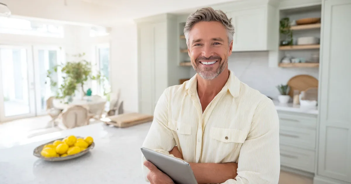 Contractor website design: a smiling contractor in a cream work shirt holds a tablet in a bright, newly renovated coastal kitchen with cream cabinets, soft sage accents and a bowl of lemons.
