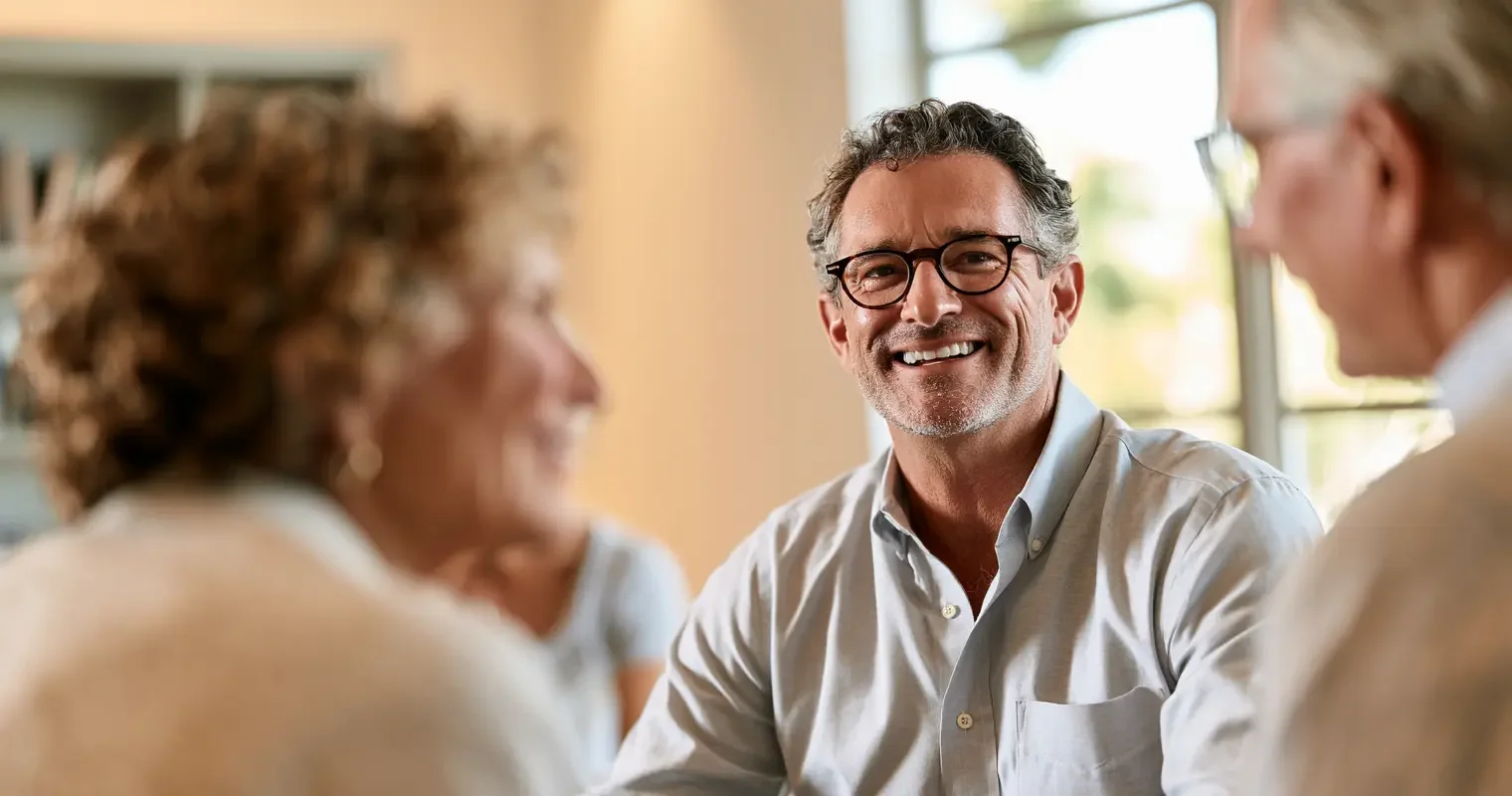 Estate planning attorney meeting warmly with an affluent older couple in a bright elegant Naples office in warm daylight, editorial documentary portrait