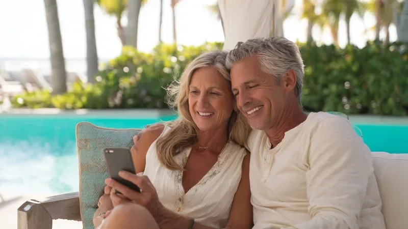 A happy couple in their 50s smile together at a smartphone on a cream sofa beside a turquoise pool and palm trees, the kind of customer who meets a local business across search, maps and AI answers.