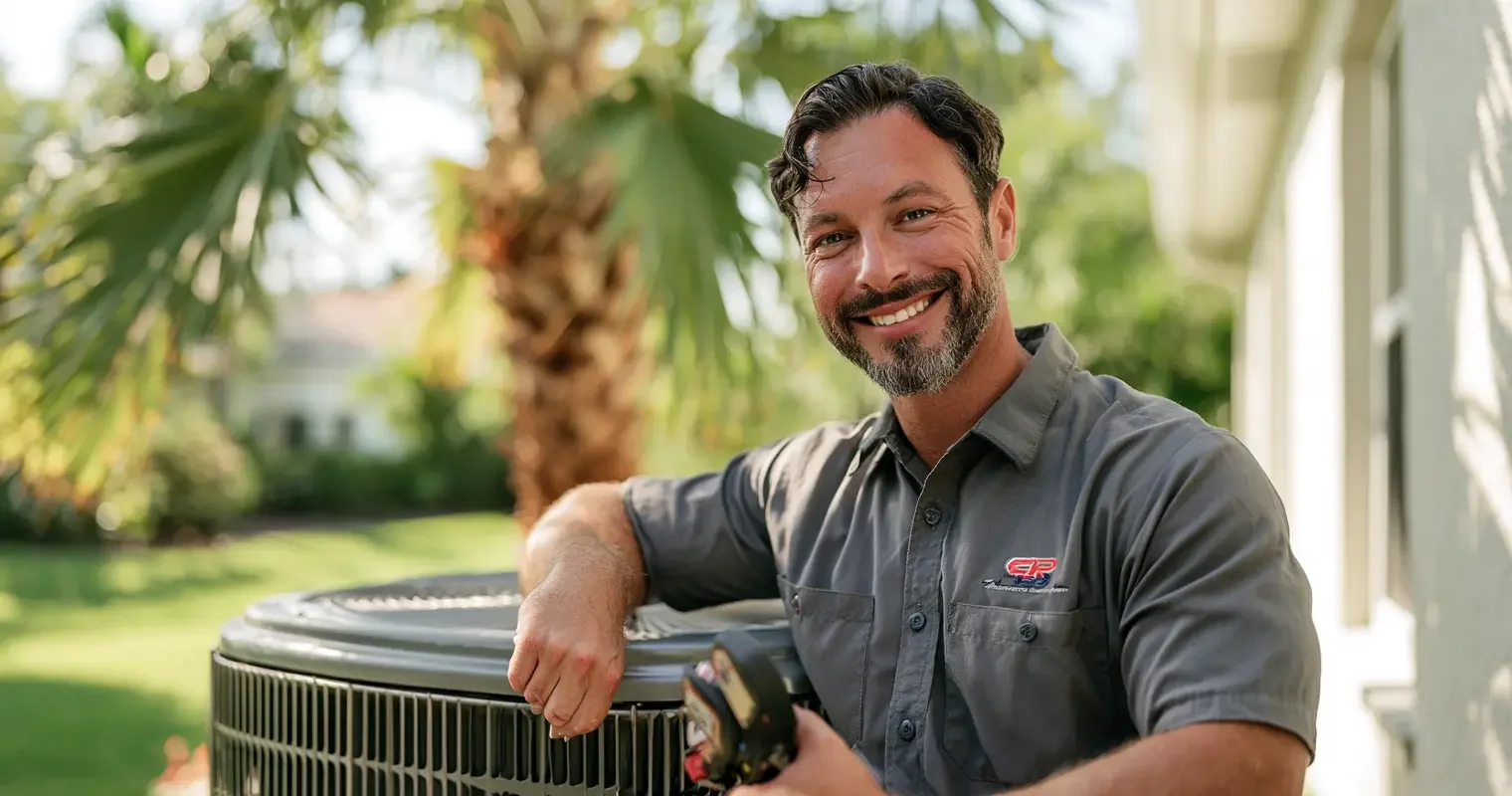HVAC technician servicing an outdoor AC unit at a bright Southwest Florida home in warm daylight, editorial documentary portrait