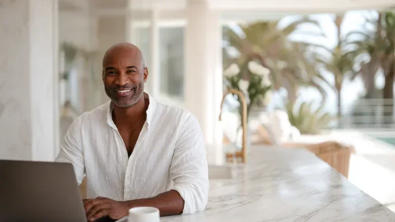 A smiling man in a white linen shirt works on a laptop at a white marble kitchen island in a bright coastal home, with tall windows and palm trees behind him.