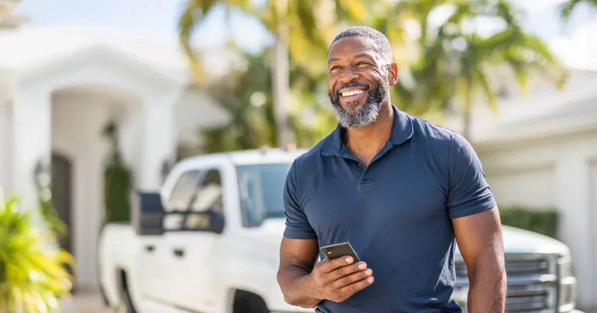 Google Local Services Ads vs Google Ads for contractors: a smiling home service contractor in a navy polo checks his smartphone in the sunny driveway of a white luxury home, a white pickup truck and palm trees behind him.