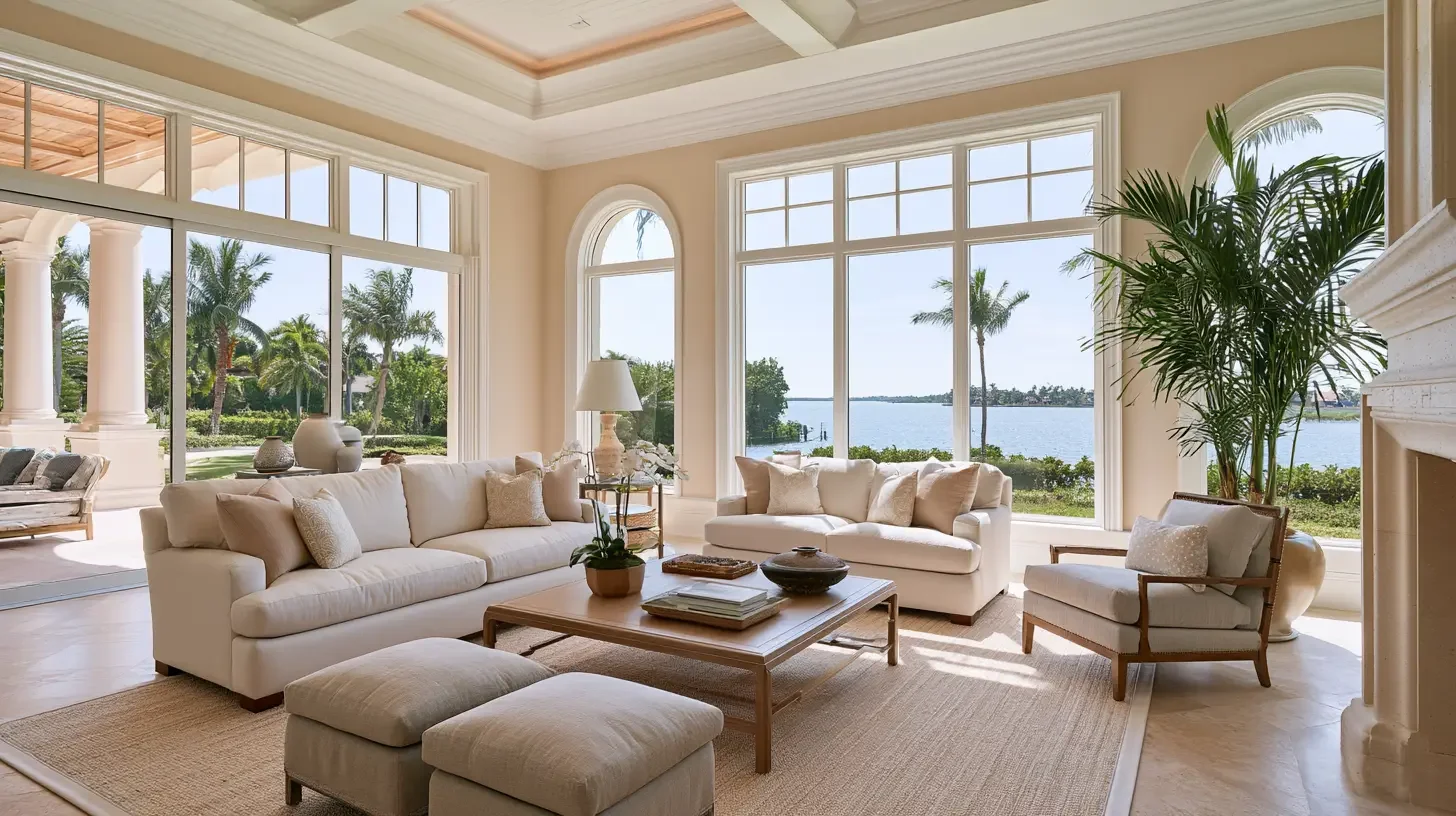 Elegant custom Naples home interior with warm natural daylight and refined finishes, editorial architectural photography