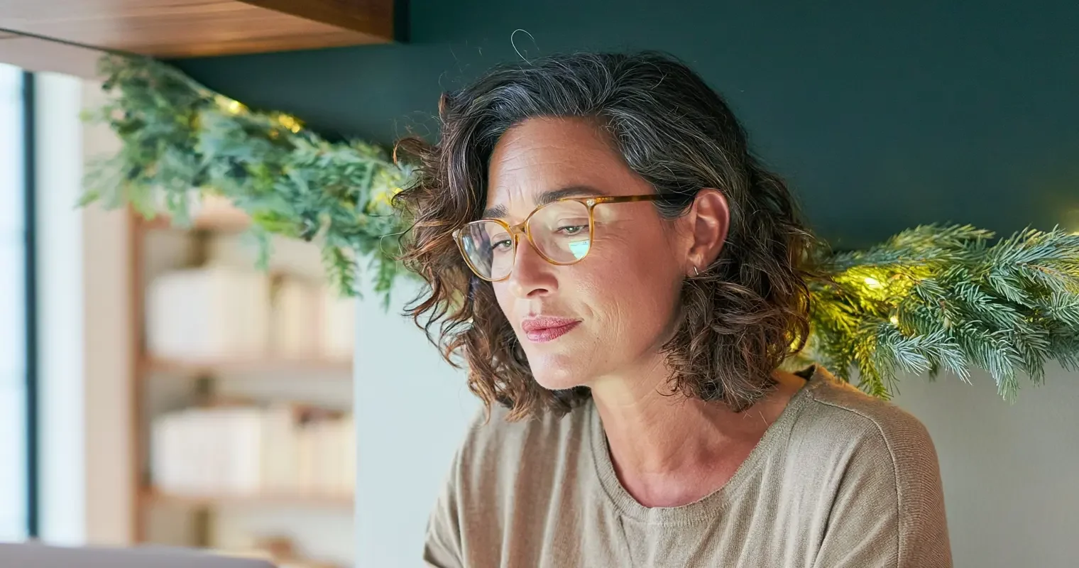 Financial advisor reviewing digital visibility and client research on a laptop in a warm modern office with dark green accents and natural light, editorial documentary portrait