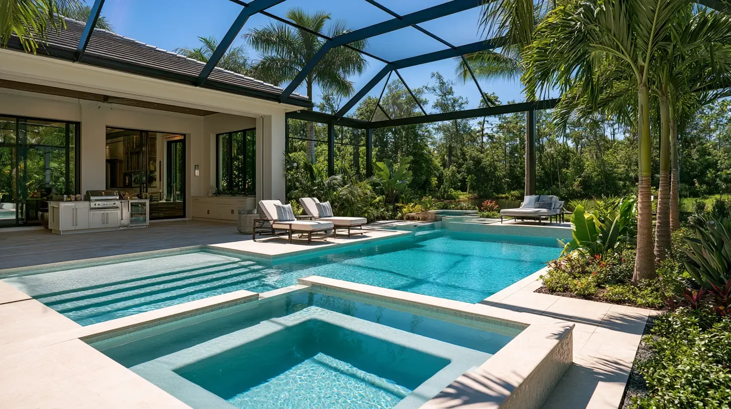 Bright resort-style Naples pool with spa and outdoor living area in warm daylight, editorial architectural photography