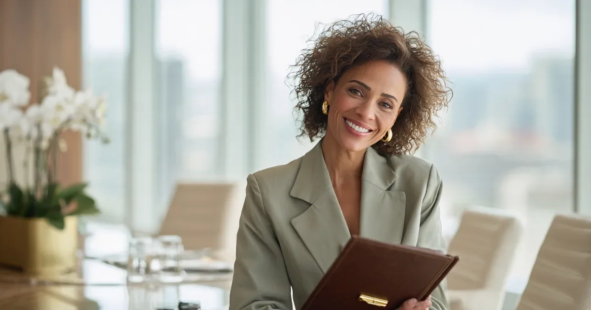 Law firm lead generation services: a smiling law firm partner in a soft sage blazer holds a closed leather folio in a bright conference room with white orchids and a softly blurred city view, no readable documents.