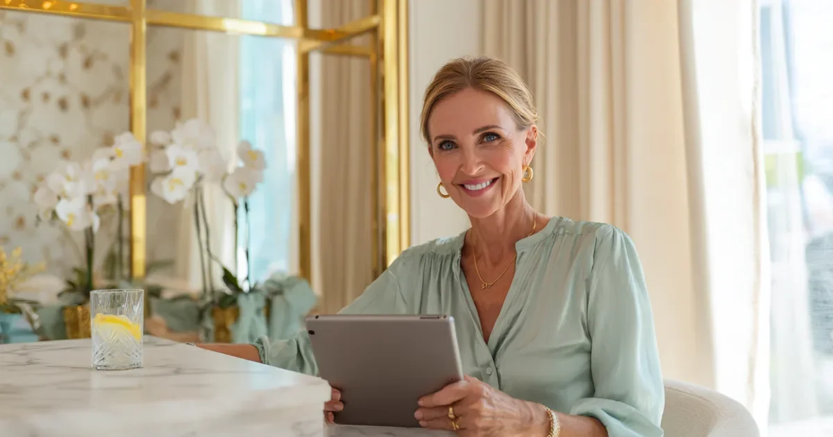 Med spa weight loss program marketing: a smiling med spa owner in a soft sage blouse holds a tablet at a white marble table in a bright consultation room with white orchids and a glass of lemon water, no medication shown.