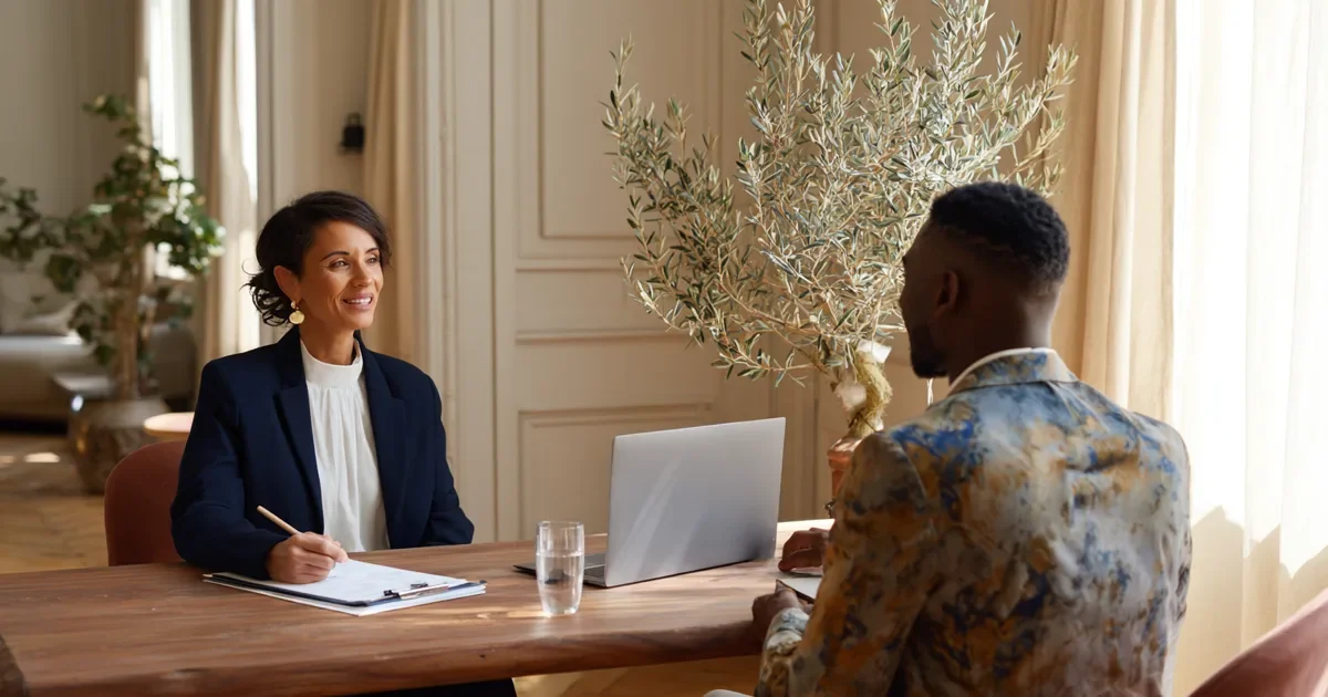 How to choose a healthcare marketing agency: a practice owner in a navy blazer reviews a printed question list across a walnut desk from an agency strategist, a laptop and a glass of water between them in a bright clinic office.