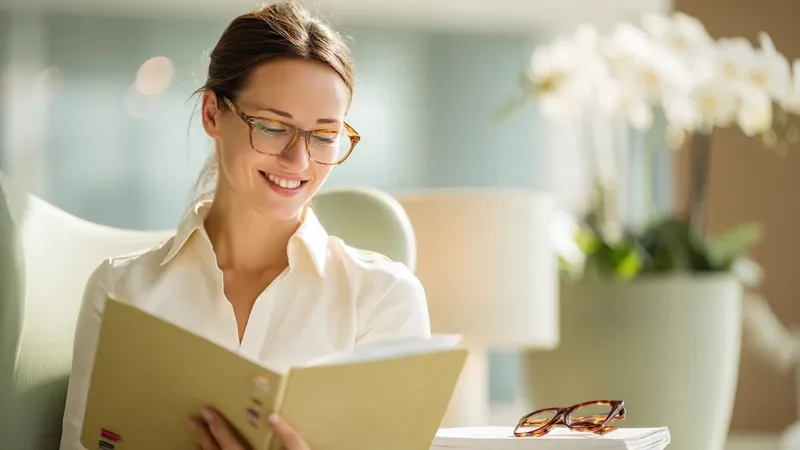A smiling law office manager in a cream blouse and glasses reads a folder marked with small colored tabs in a sage armchair, with a spare pair of reading glasses and white orchids beside her, no readable text.