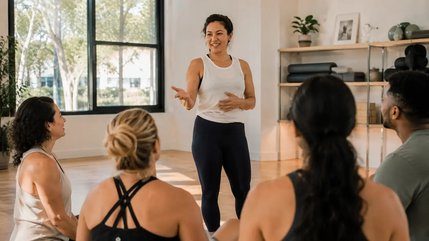 Wellness studio instructor warmly engaging with a small class, natural light, bright clean studio, genuine teaching moment, editorial documentary portrait
