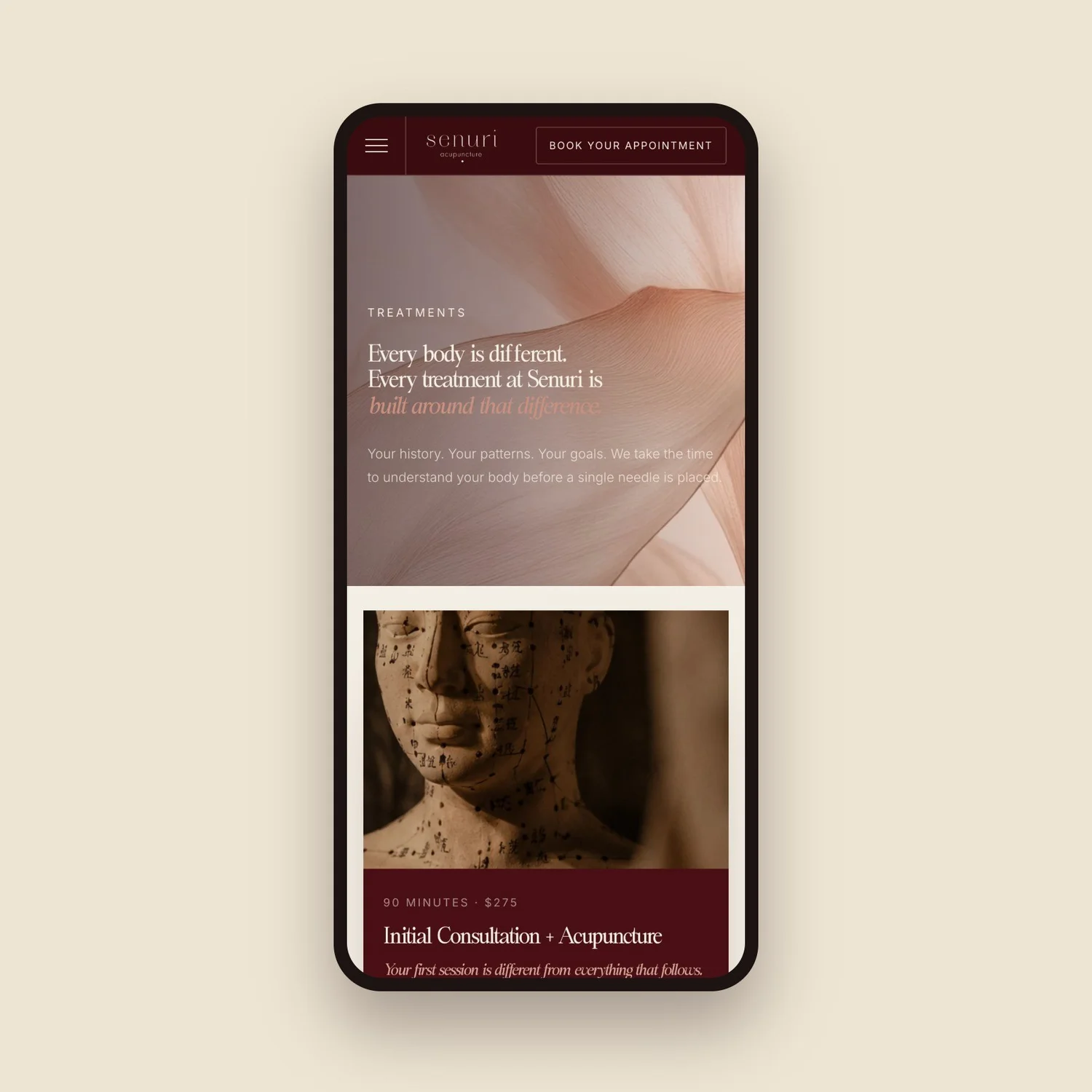 Senuri Acupuncture treatments page on mobile