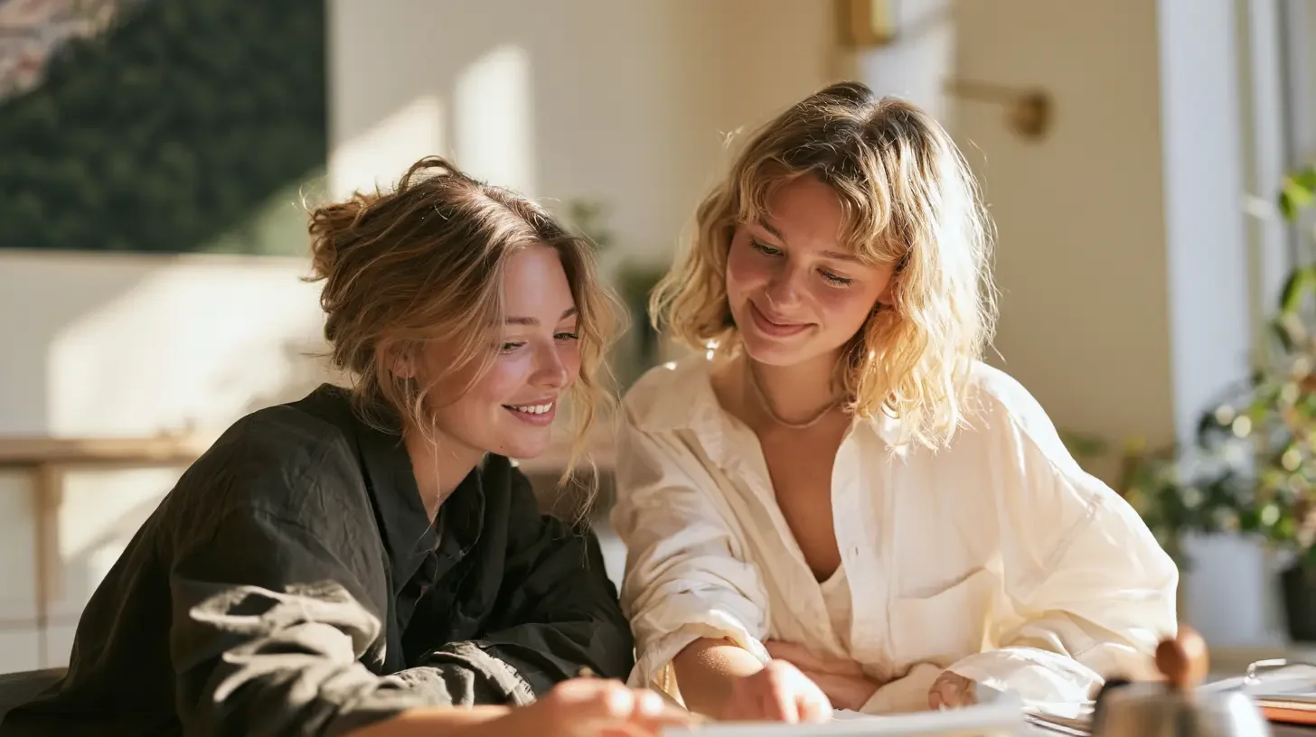 Accountant and marketing advisor reviewing a firm's local search presence together at a bright office desk with warm daylight and a green accent, editorial documentary portrait