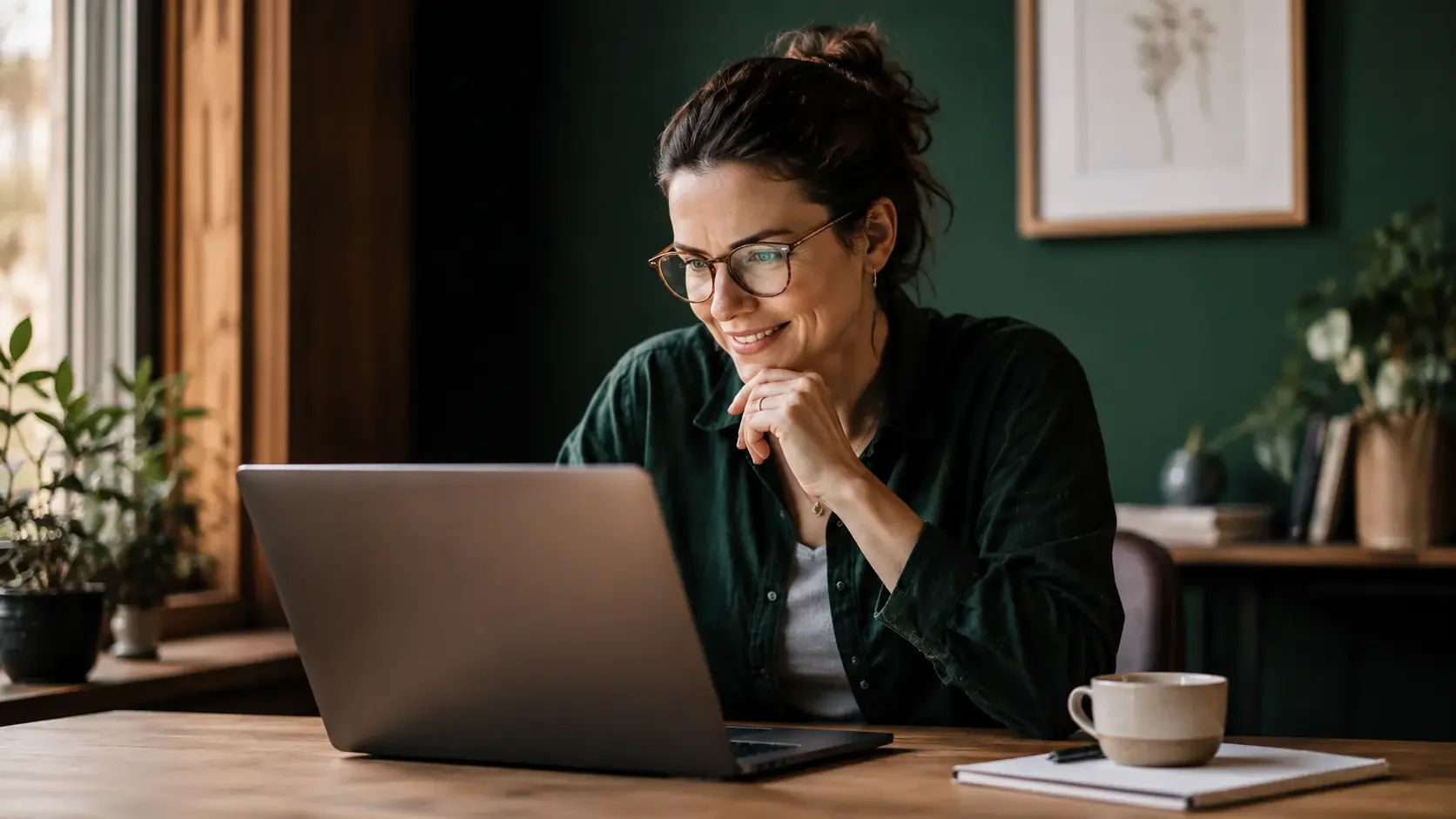 Small business owner reviewing security and traffic data on a laptop in a warm modern workspace with dark green accents and natural light, focused editorial documentary portrait