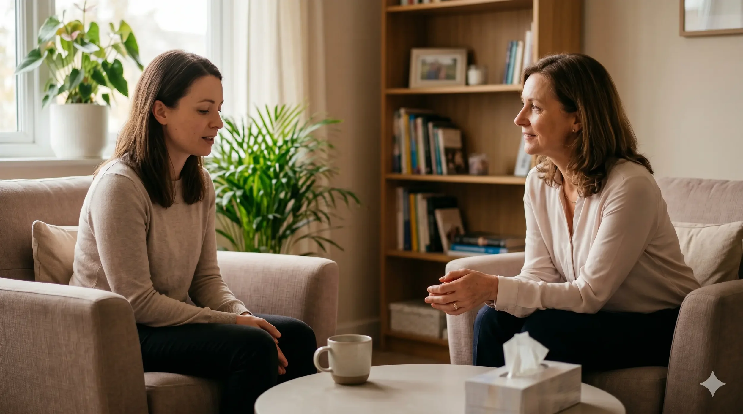 Therapist and patient in a warm comfortable therapy room in genuine conversation, soft natural light and indoor plants, no clinical equipment, editorial documentary portrait