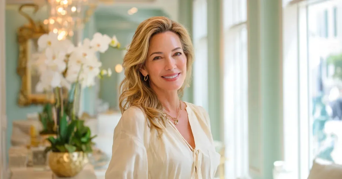 Med spa Google Ads rules: a smiling med spa owner with long blonde hair in a cream blouse stands in a light-filled reception with white orchids, a gold mirror and soft sage walls, with no treatments shown.