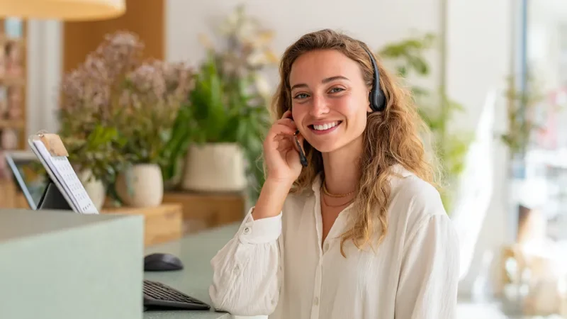 A smiling patient coordinator in a cream blouse takes a call on a headset at a bright sage reception desk with green plants and dried flowers, no treatments shown.