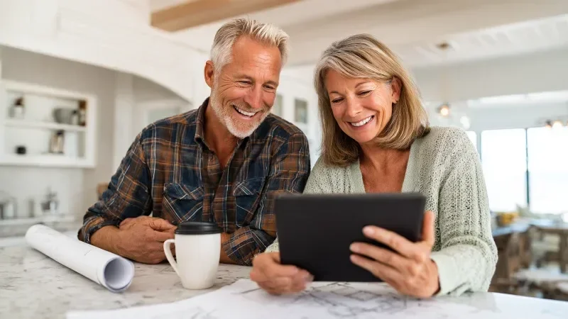A smiling couple in their 50s look at a tablet together at a white marble kitchen island, with a coffee cup and rolled-up plans on the counter, in a bright coastal kitchen.