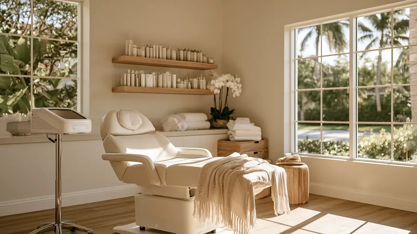 Bright modern Bonita Springs med spa treatment room with an aesthetic device and skincare products in warm daylight, editorial interior photography, no people