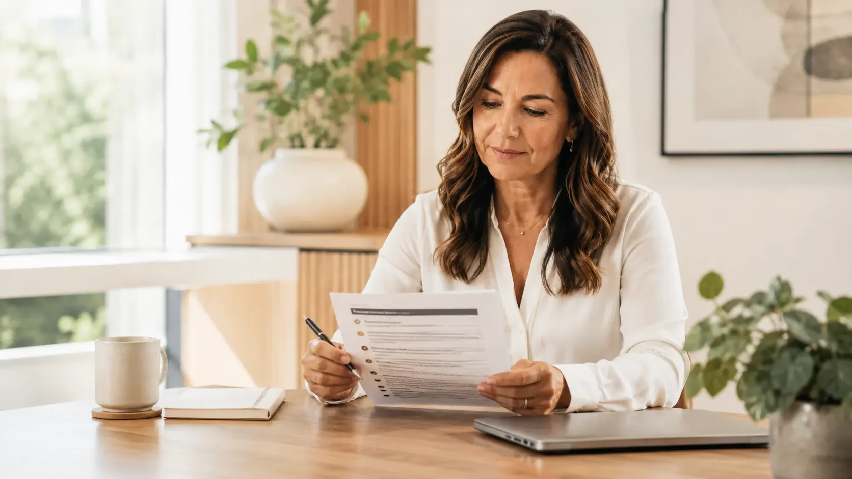 Healthcare practice owner reviewing a printed list of questions and making notes at a desk before an agency meeting, dark green walls, warm pendant light, focused editorial portrait